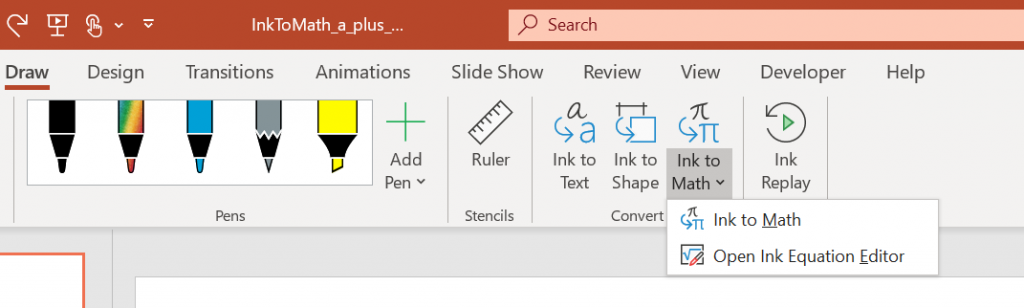 PowerPoint Ink to Math button, expanded