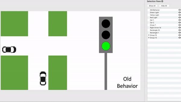 Old morph behavior in PowerPoint, showing two cars meeting at an intersection and a traffic light changing from green to red