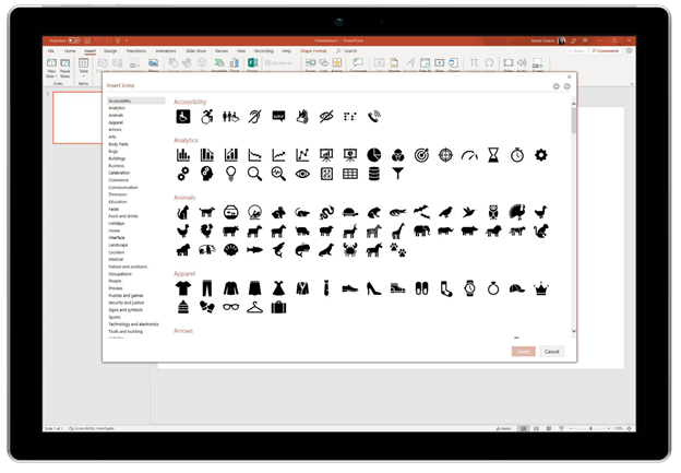 A screen showing insertable icons in PowerPoint on a Surface tablet.