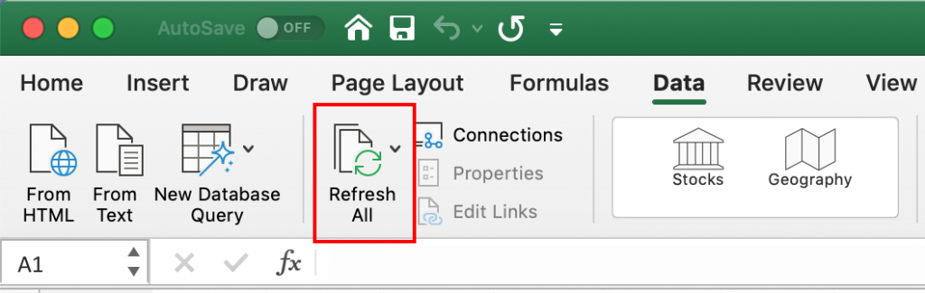 Excel for Mac Data Ribbon with the Refresh All button highlighted