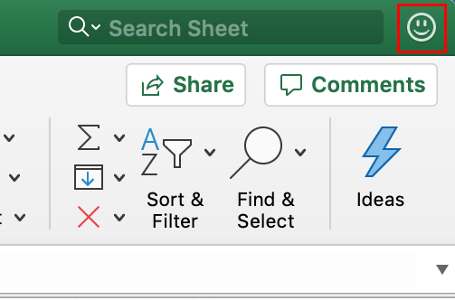 Excel for Mac top bar with Smile button highlighted