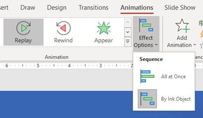 Image of the Effect Options menu, showing the All at Once and By Ink Object options