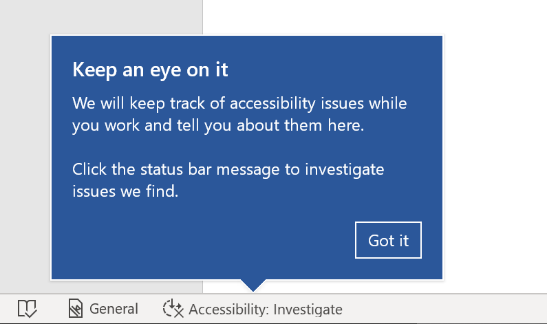 Teaching callout pointing to the status bar reminder about accessibility checker issues in the document.