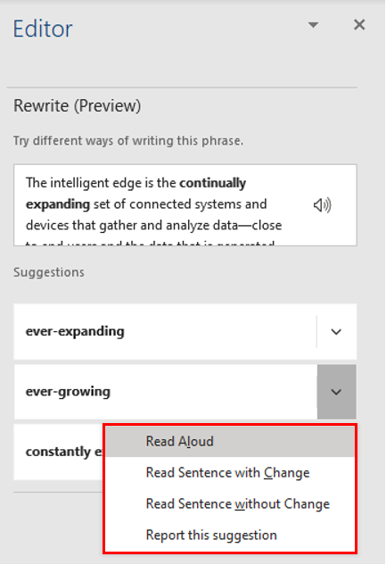 Menu showing the Read Aloud options for the Rewrite suggestions