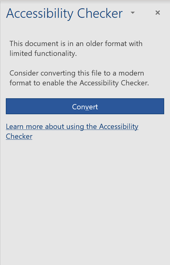 Accessibility checker showing "convert" option for Office files in an older format.