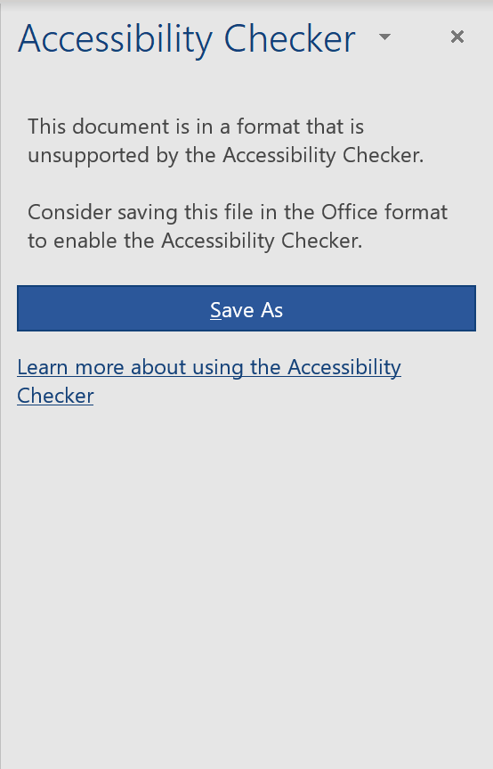 Accessibility checker showing "Save As" option for non-Office documents.