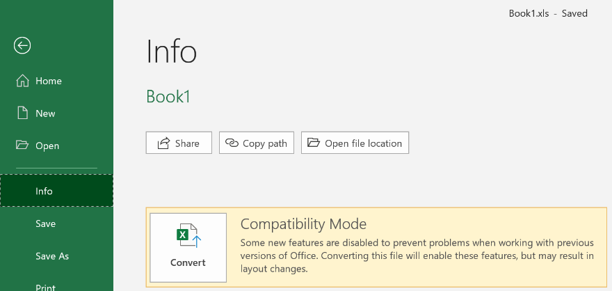 Highlighted "compatibility mode" in File - Info indicating that the document has reduced functionality.