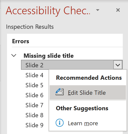 Accessibility checker showing slides that are missing slide titles, and a context menu allowing the user to edit the slide title.