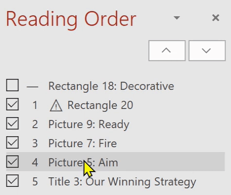 Gif showing how to adjust the reading order of the content in PowerPoint slides so that a screen reader can properly read them.