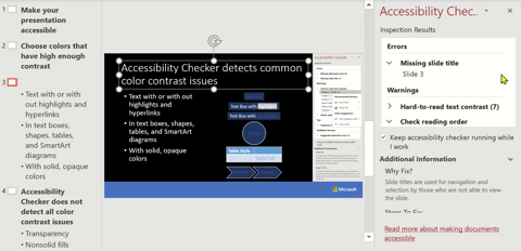 Gif showing the process for adding a slide title to each slide through the Accessibility Checker.