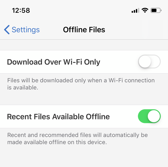 The mobile Settings menu for Offline Files in Excel on iOS, showing the Download Over Wi-Fi Only and Recent Files Available Offline toggles