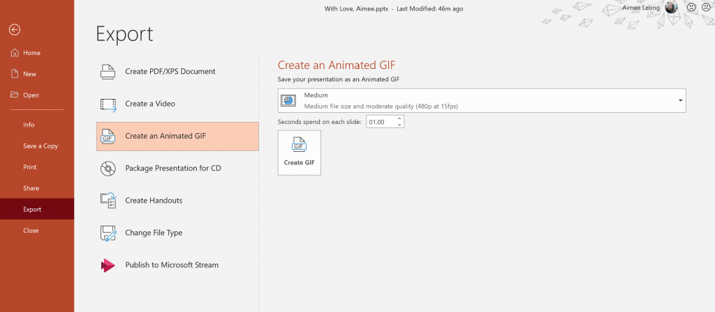 PowerPoint export options to create an Animated GIF