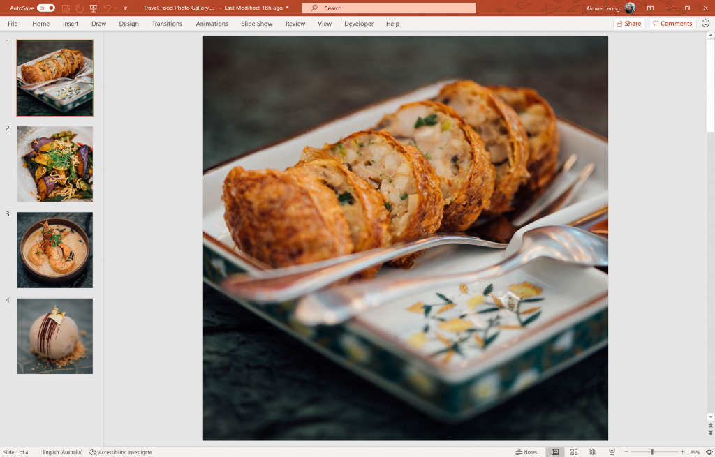 PowerPoint with 4 slides that have an image of food