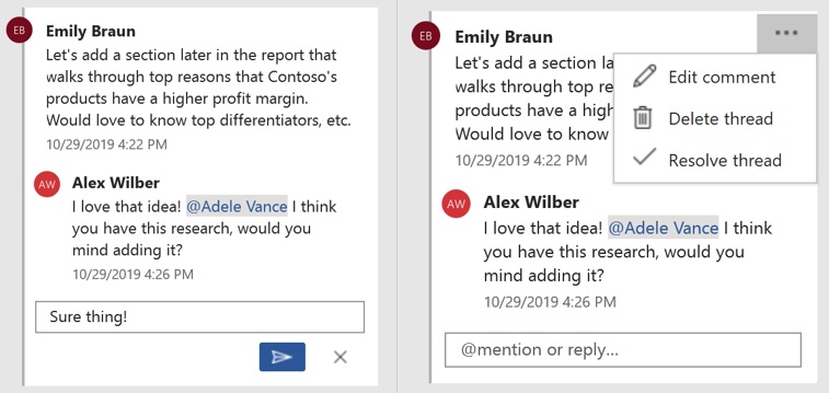 (Left image) Screenshot of a comment in Word, emphasizing the Post and Cancel reply buttons in the bottom right-hand corner of the comment. (Right image) Screenshot of a comment in Word, emphasizing the Edit comment, Delete thread and Resolve thread buttons in the ”...” (More thread actions) drop-down menu, which is in the top right-hand corner of the comment.