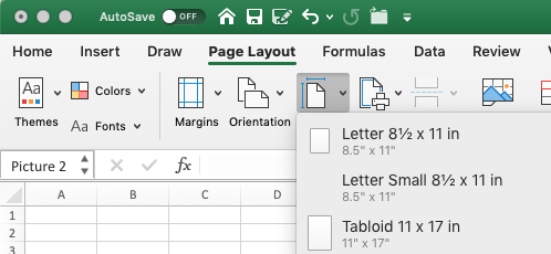 Page layout settings for paper size