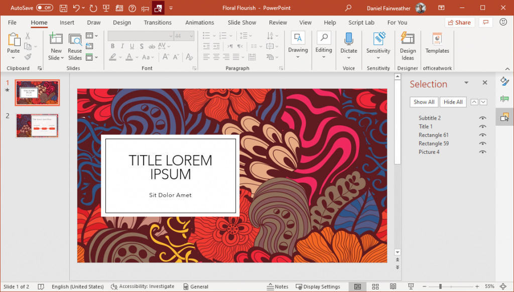 Multiple panes opened in PowerPoint. Opened Panes show as individual tabs on the right side of the app.
