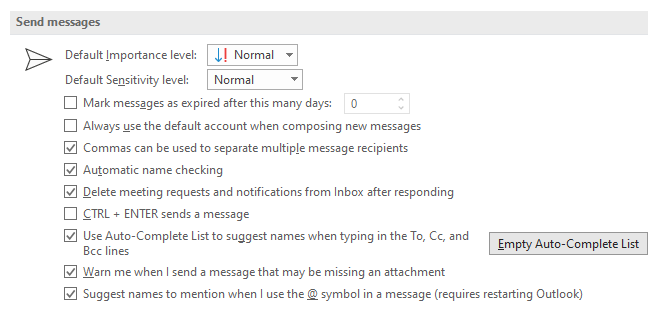 Check box option to disable "Suggest names to mention when i use the @ symbol in a message" located in the Mail settings under Send messages in Outlook.