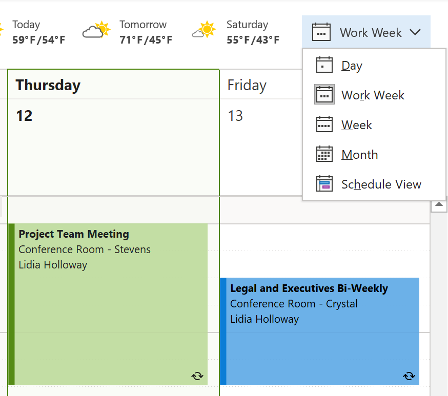 Image showing drop down menu of calendar view options including day, work week, week, month, and schedule wiew. 