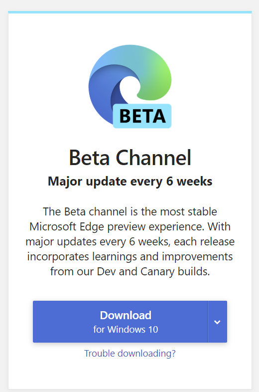 Image of Microsoft Edge Beta Channel popup