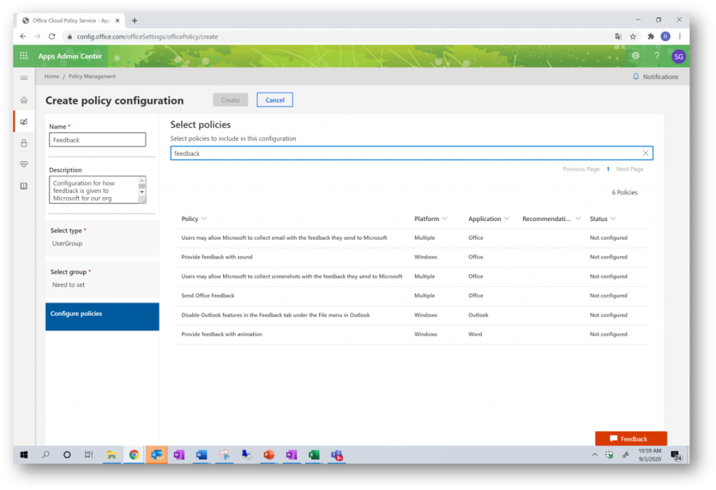 Admin Center experience for feedback policy configuration.