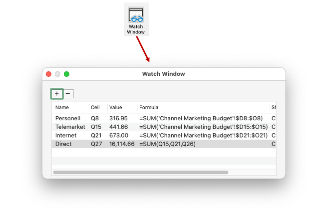 Screenshot showing Watch Window feature in Excel for Mac.
