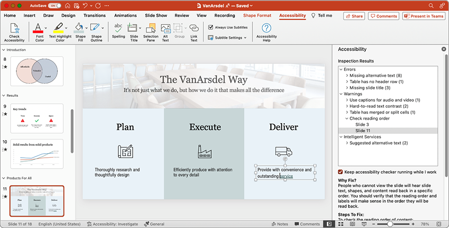Screenshot showing the ribbon and support pane in PowerPoint for Mac.