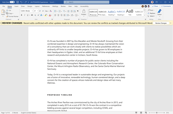 Messaggio in Microsoft Word relativo ai conflitti di creazione condivisa e al ripristino.