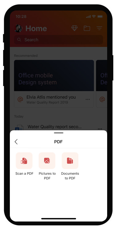Pantalla de iPhone que muestra el menú de opciones PDF en Microsoft Office Mobile.