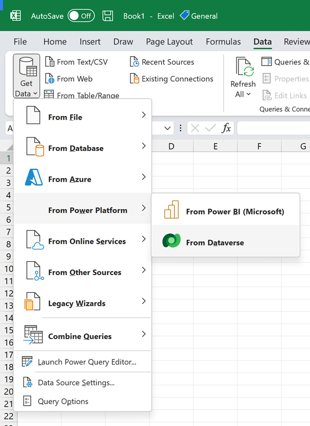显示如何访问 Microsoft Dataverse 数据的 Excel for Windows 屏幕截图。