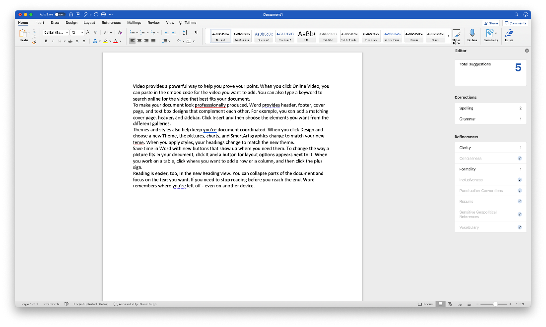 Word for the Mac document showing the Editor pane interface.