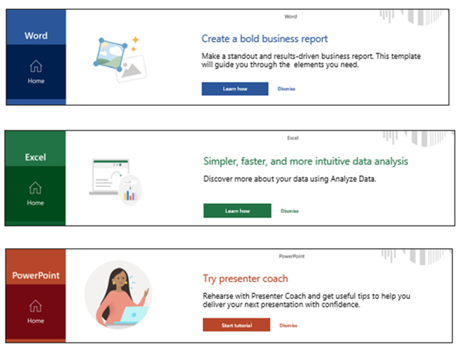 Screenshot che mostrano le esperienze di coinvolgimento offerte ai canali protetti per gli utenti di Microsoft Office.