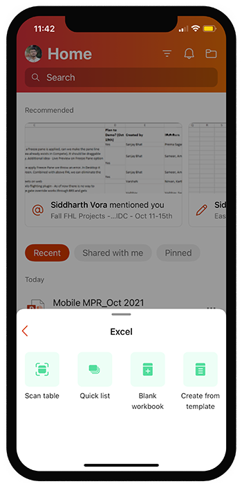 iOS için Excel ekran görüntüsü, Hızlı Liste oluşturmaya yönelik menü seçeneğini gösterir.