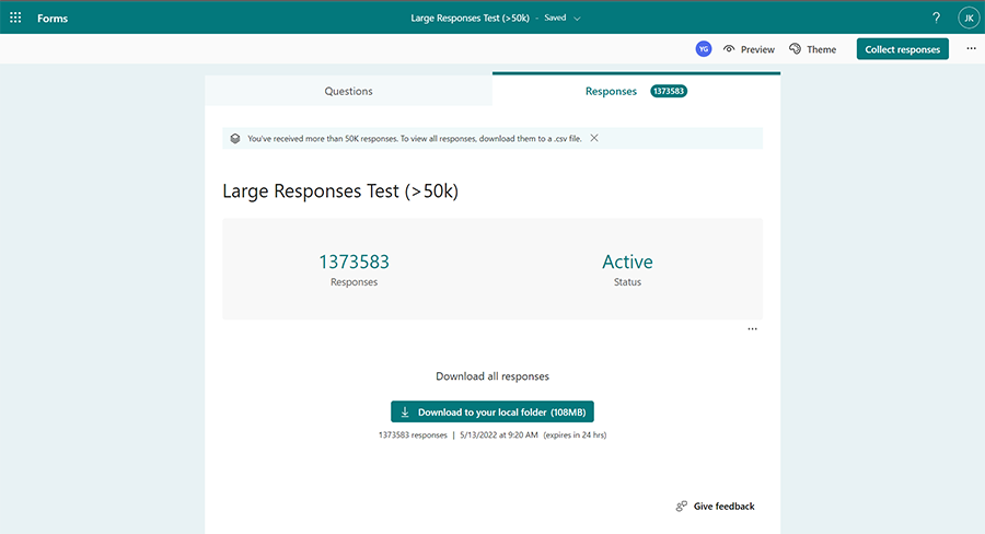 Screenshot dell'app Microsoft Forms che mostra un test di risposta di grandi dimensioni (risposte massime superiore a 50.000).