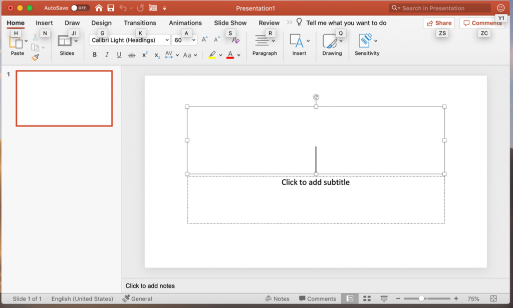 KeyTips visible on ribbon in PowerPoint document