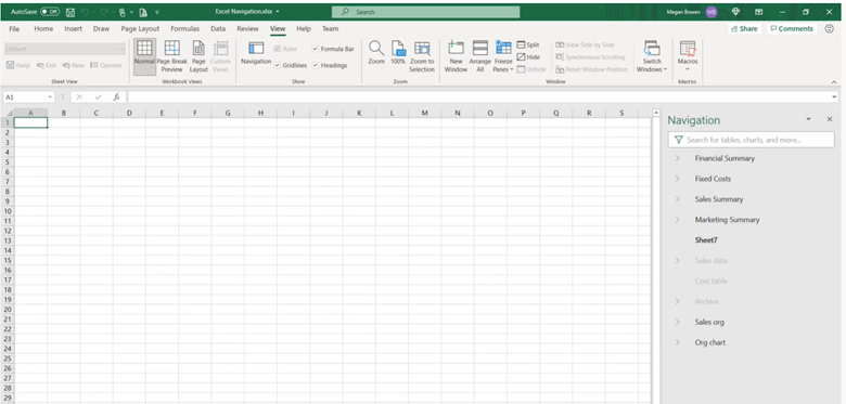 显示 Excel 中导航窗格的屏幕截图