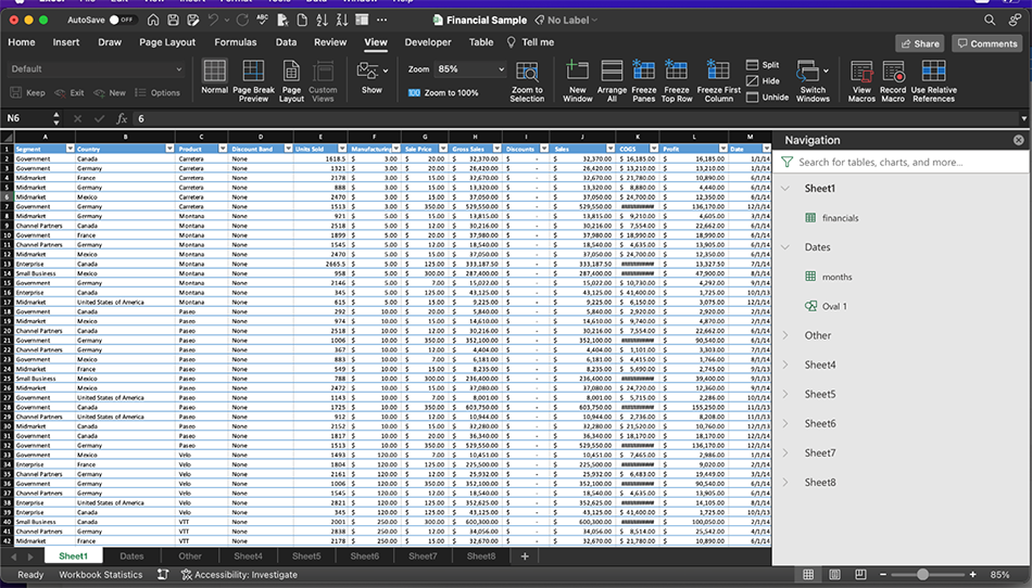 Screenshot showing Navigation pane feature in Excel for Mac.