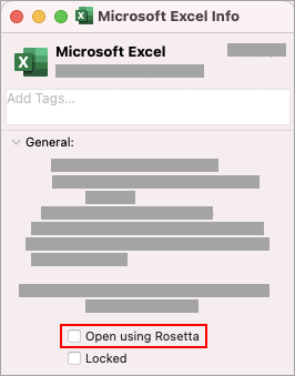 Excel dialog box showing the Open using Rosetta box unchecked.
