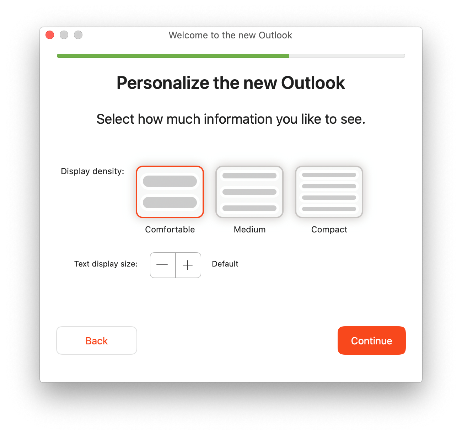 Outlook onboarding window that shows personalization options.
