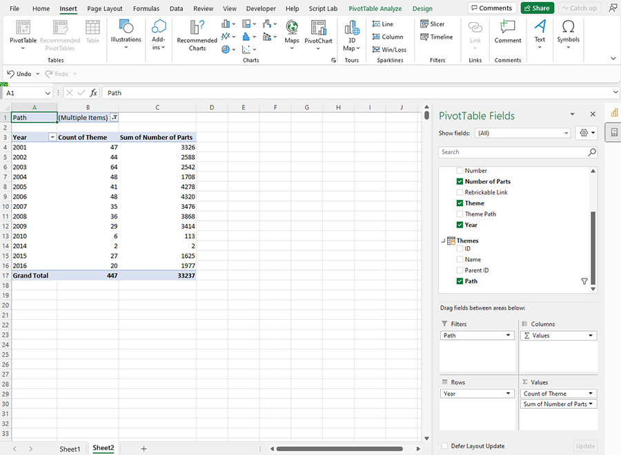 Windows 版 Excel 中的数据透视表字段窗格。