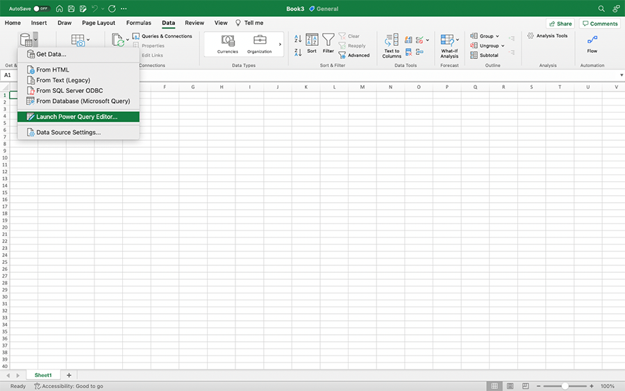 Excel for Mac screenshot showing how to launch the Power Query Editor from the Data tab.