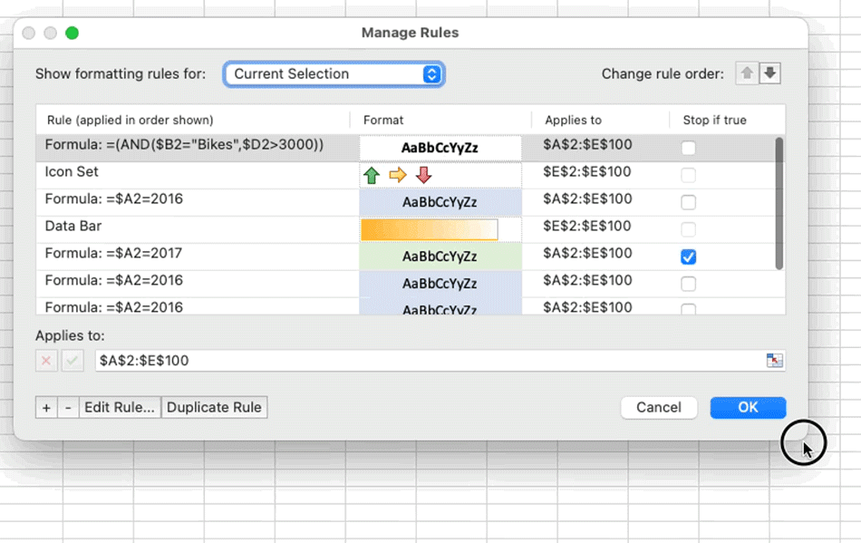 GIF showing the resizing of a Conditional Formatting Manager dialog box in Excel for Mac.