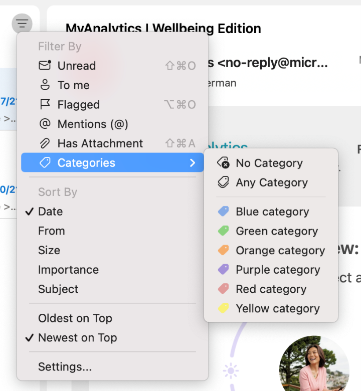 Screenshot showing filtering Outlook messages by category