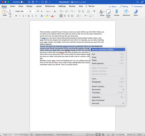 Document with Review selection in Editor command selected in shortcut menu