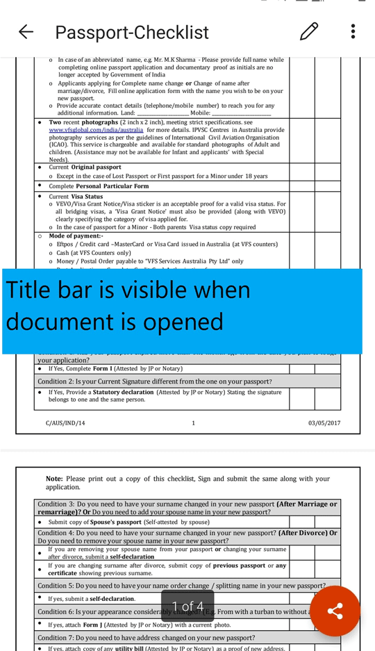 GIF de la barra de título que desaparece al desplazarse en un PDF de Office Mobile