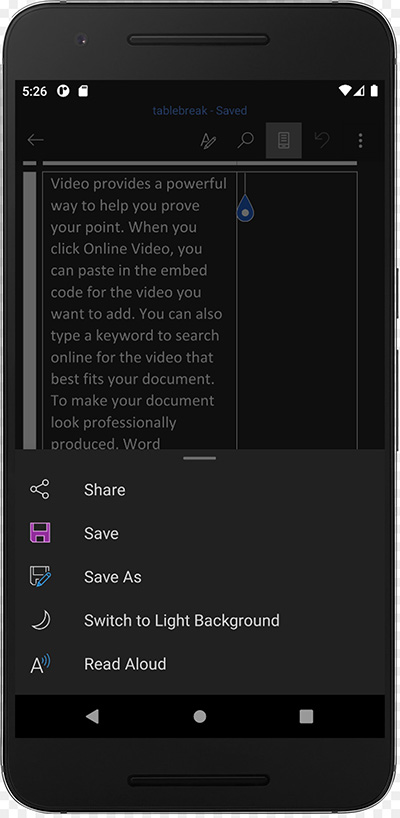 Android screen showing Microsoft Word with Switch to Light Background menu option.