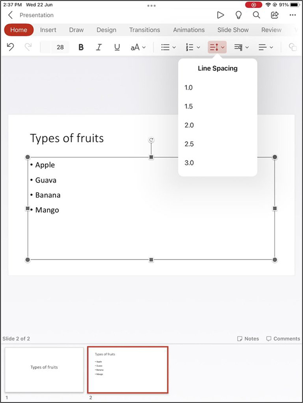 Ajustar el interlineado del texto en PowerPoint para iPad.