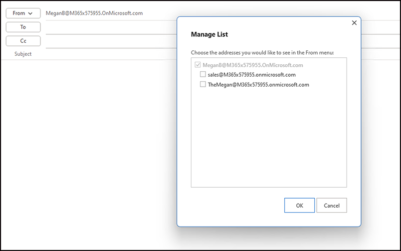 显示发件人（代理地址）选项的 Outlook 电子邮件，其中包含“发件人地址”选项的“管理列表”对话框。