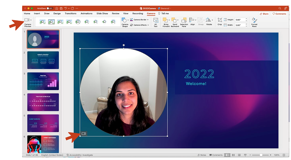 PowerPoint for Mac screenshot showing cameo live video feed with camera button to activate video