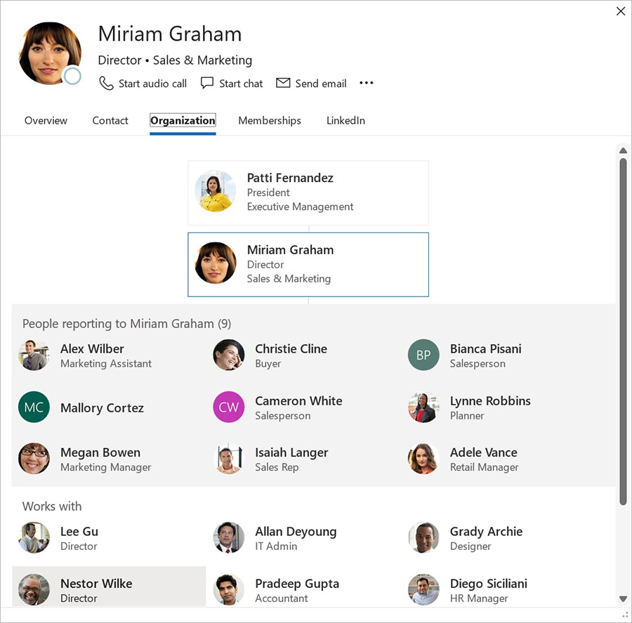 Outlook 中新个人资料卡片的屏幕截图，包括改进的组织视图。