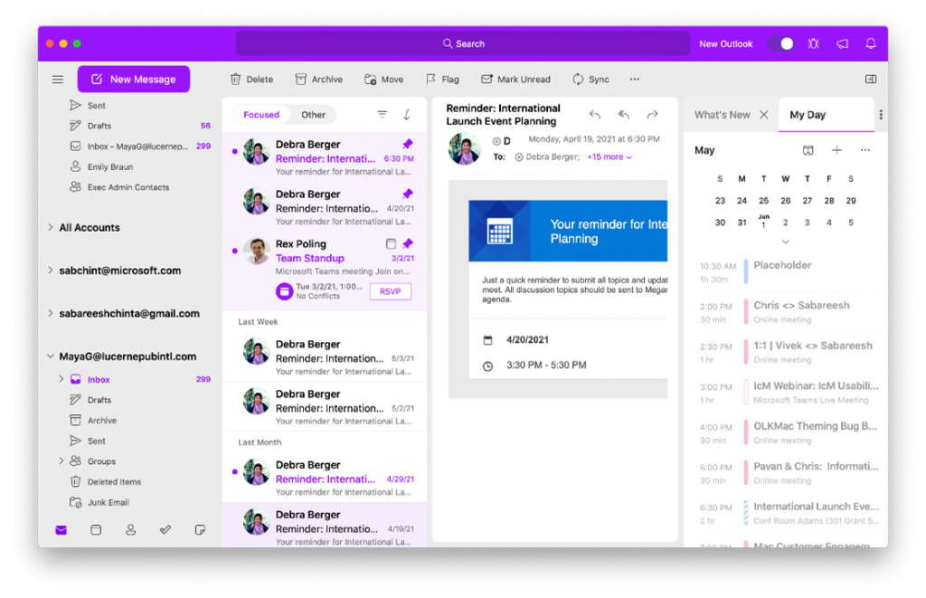 Outlook screen showing new purple theme color